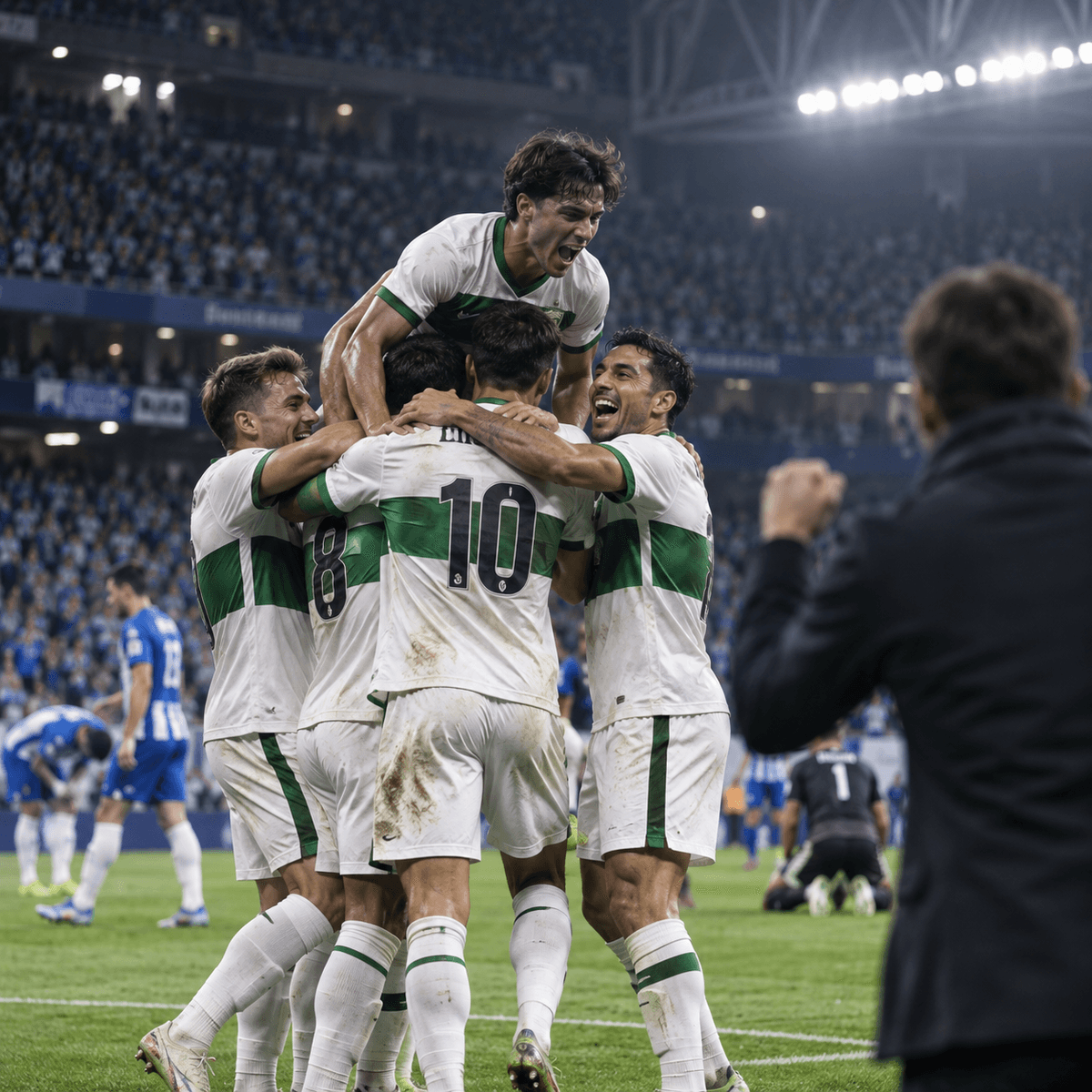 Jugadores del Elche y del Celta de Vigo disputan el balón durante un partido de fútbol en LaLiga.