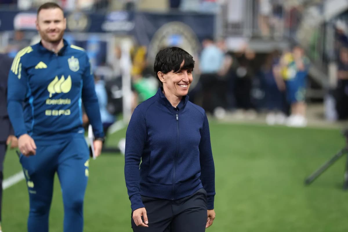 La española Sonia Bermúdez, seleccionadora de España, comparece ante los medios tras los amistosos disputados contra Estados Unidos en Chester.