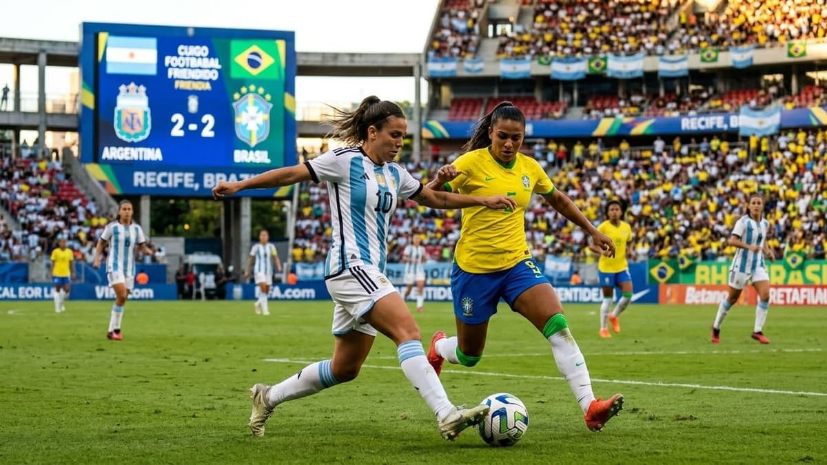 Argentina empata ante Brasil en un amistoso femenino con jugadoras de ambas selecciones disputando el balón en Recife.