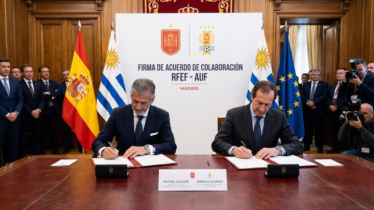 Los presidentes Rafael Louzán e Ignacio Alonso durante la firma del acuerdo de colaboración entre la española RFEF y la Asociación uruguaya de Fútbol en Madrid.