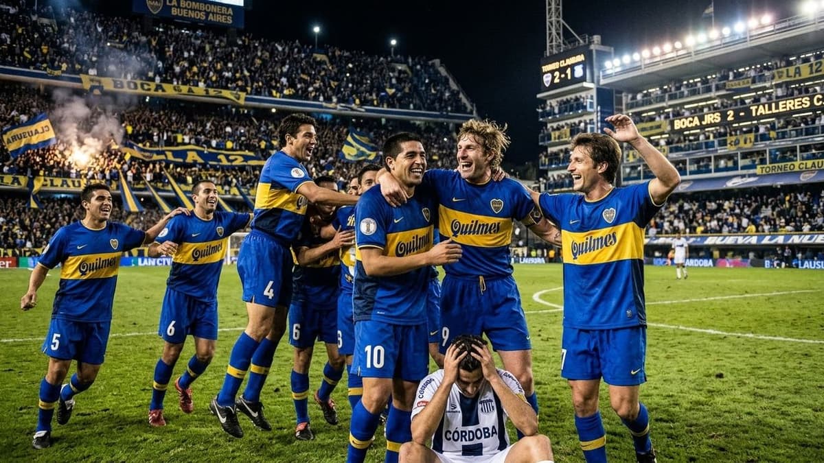 Jugadores de Boca Juniors celebran la victoria frente a Talleres de Córdoba por 2-1 en el Torneo Clausura argentino.