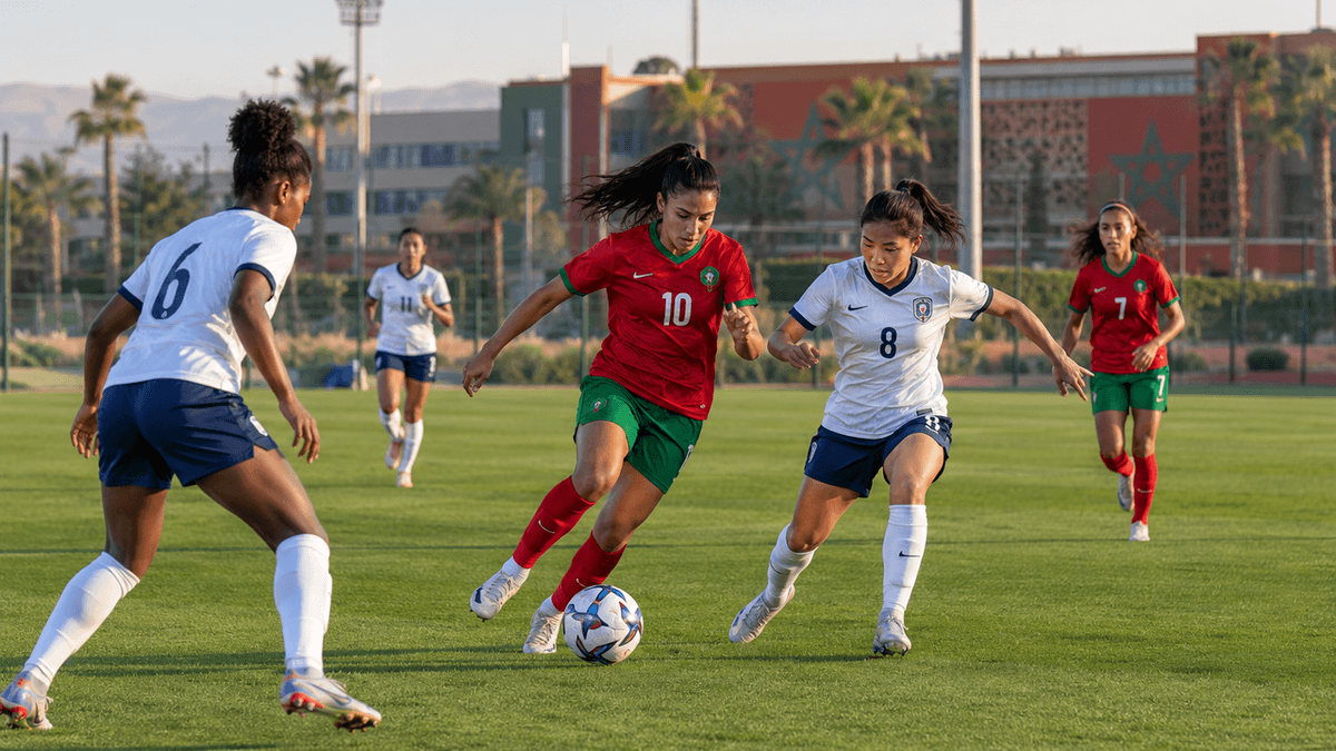 Futbolistas disputan el balón durante un partido femenino en un campo de fútbol de Marruecos, posible sede de la fase preliminar mundialista.