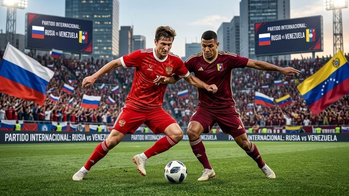 Jugadores de las selecciones de Rusia y Venezuela disputan un balón durante un partido internacional de fútbol.