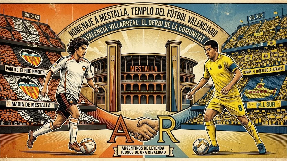 Ilustración conmemorativa del Valencia-Villarreal protagonizada por los argentinos Pablo Aimar y Juan Román Riquelme, en homenaje a Mestalla.