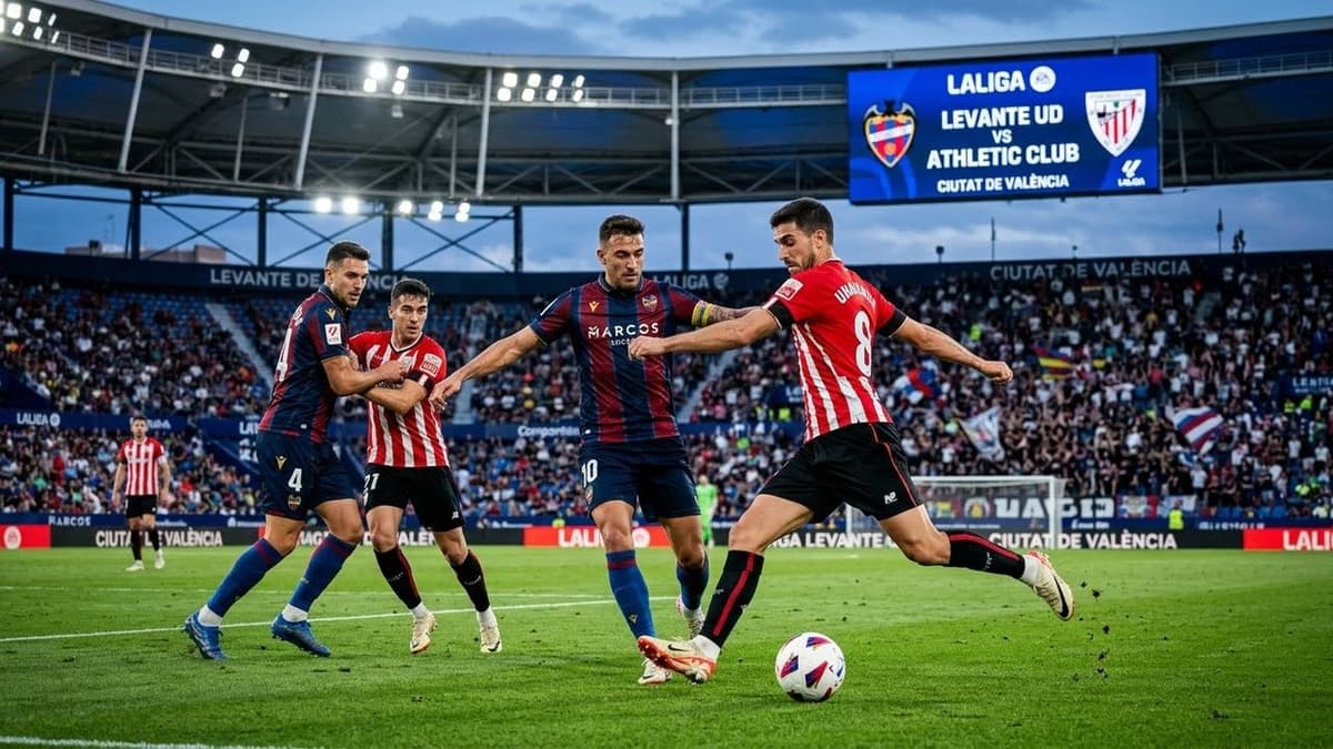 Jugadores del Levante y del Athletic Club disputan un balón durante el partido de LaLiga EA Sports en el Ciutat de València.