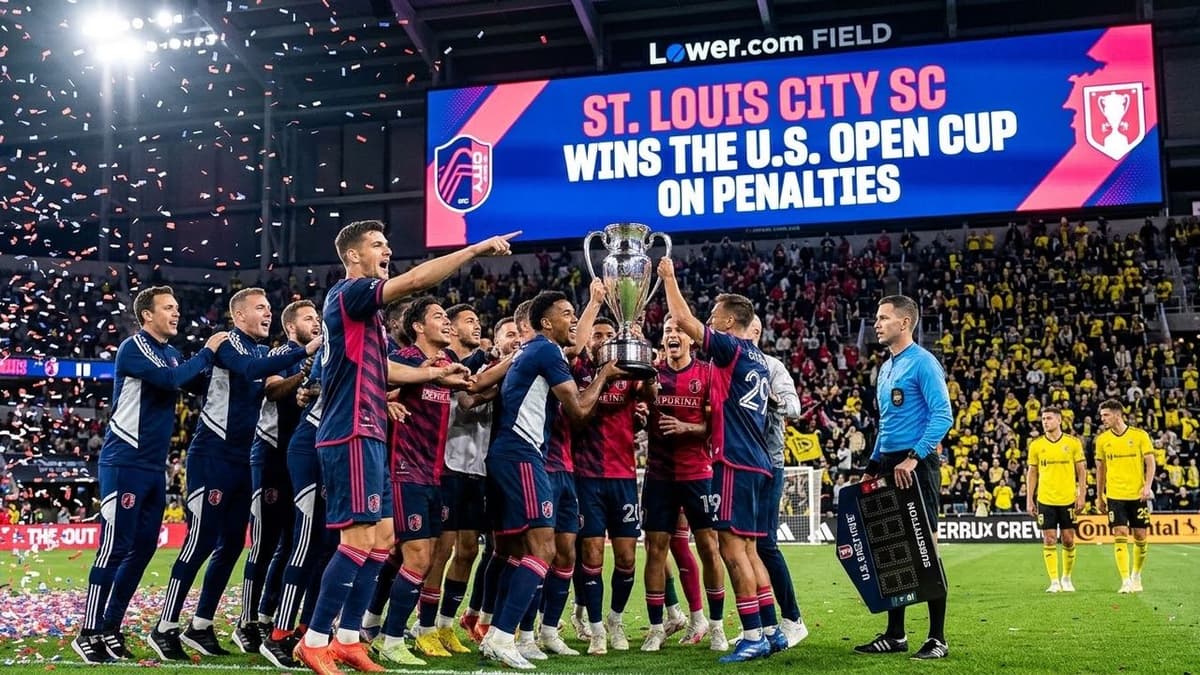Jugadores de Saint Louis City celebran la conquista de la Copa de Estados Unidos tras vencer al Columbus Crew en la tanda de penaltis.