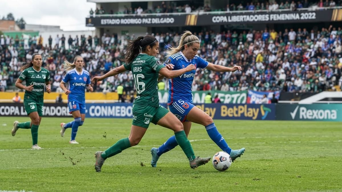 Jugadoras del Deportivo Cali y la Universidad de Chile disputan un balón durante el partido de la Copa Libertadores femenina.