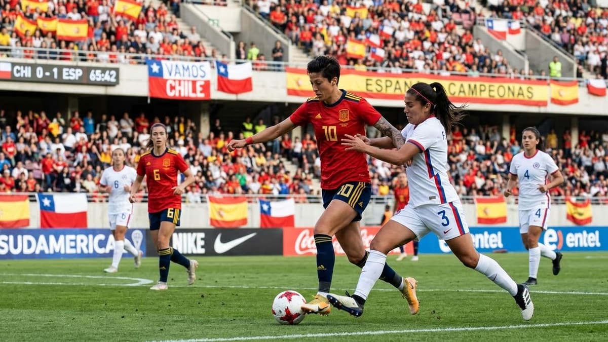 futbolistas de las selecciones femeninas de España y Chile durante un partido internacional de fútbol.