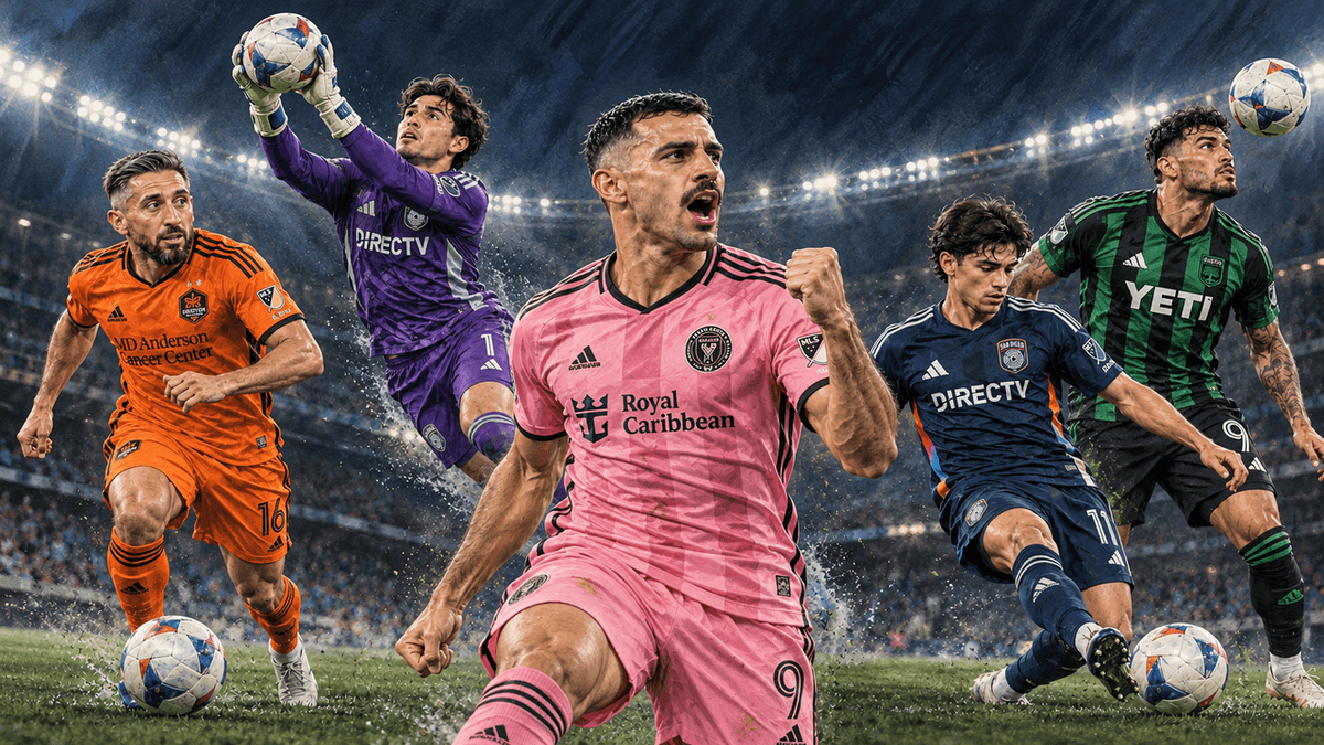 Collage ilustrado de Germán Berterame, Héctor Herrera, Pablo Sisniega, Alejandro Alvarado y Brandon Vázquez con los uniformes de sus clubes de MLS.