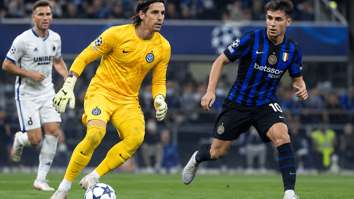 Jugadores del Inter de Milán y del Brujas durante un partido de fútbol europeo, con San Siro como escenario del esperado enfrentamiento.