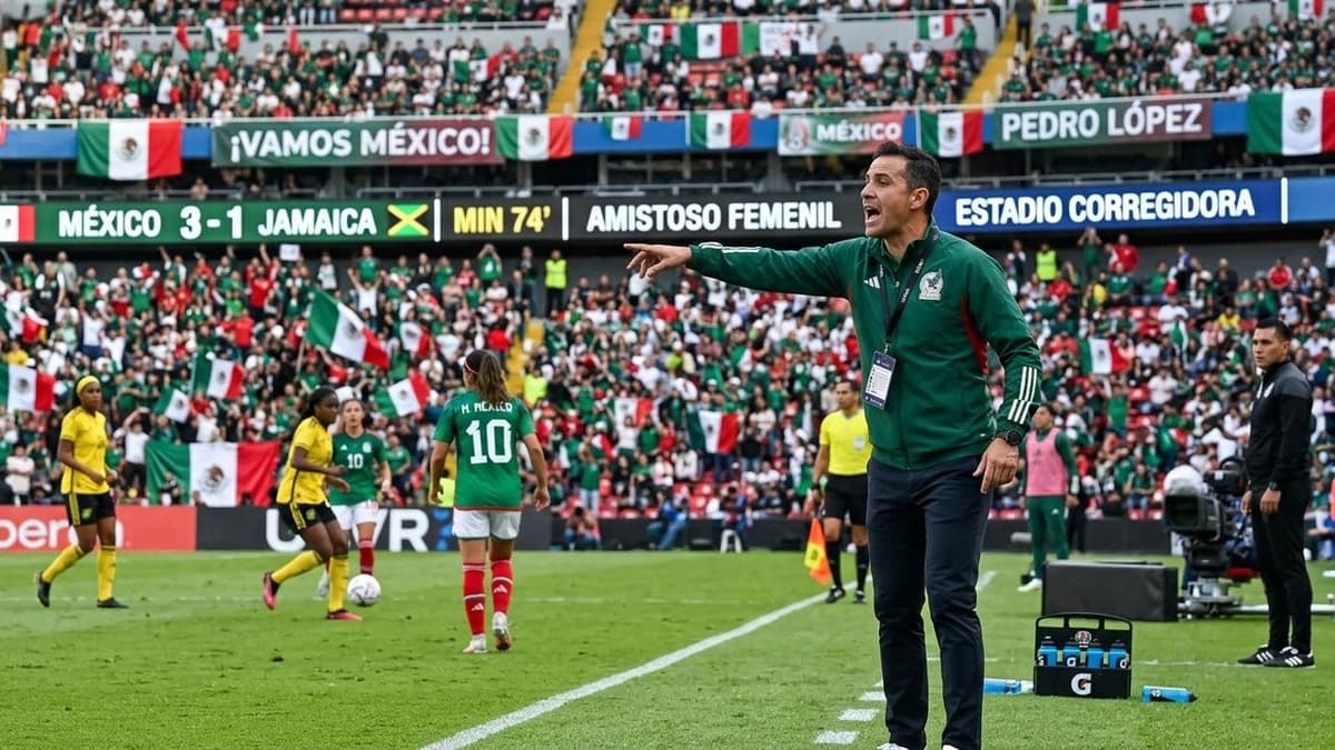 El seleccionador español Pedro López dirige a México durante el amistoso femenino ganado por 3-1 ante Jamaica en Querétaro.