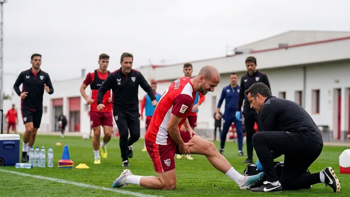 El centrocampista español Jon Guridi durante un entrenamiento del Sevilla, en una posible imagen de portada sobre su lesión muscular.