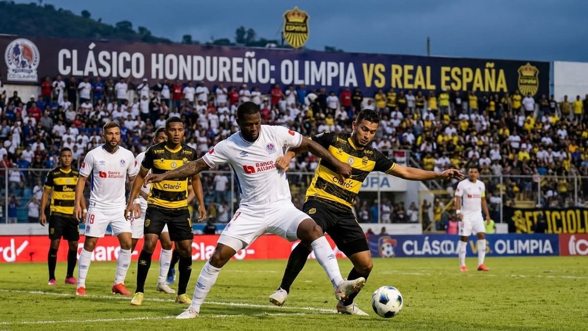 Jugadores de Olimpia y Real España disputan un balón durante un clásico del fútbol hondureño.