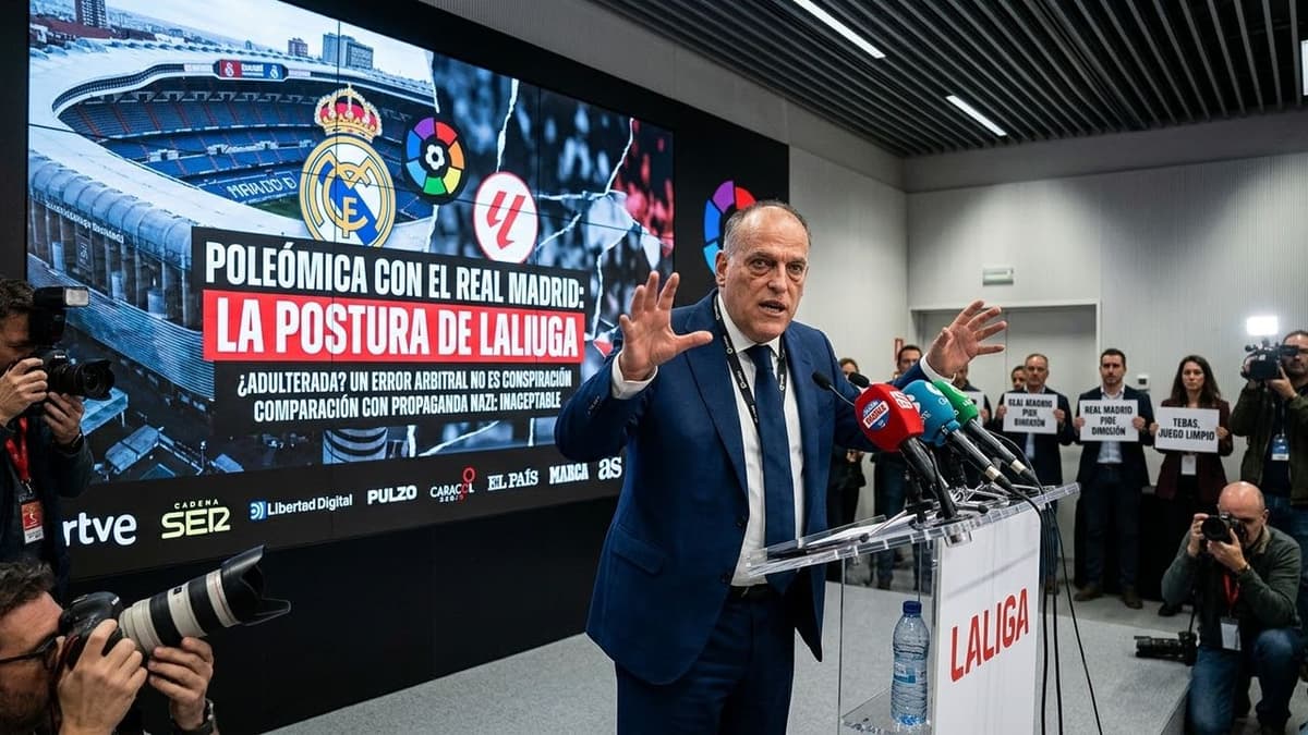 Javier Tebas, presidente de LaLiga, durante una intervención pública en medio de la polémica con el Real Madrid.