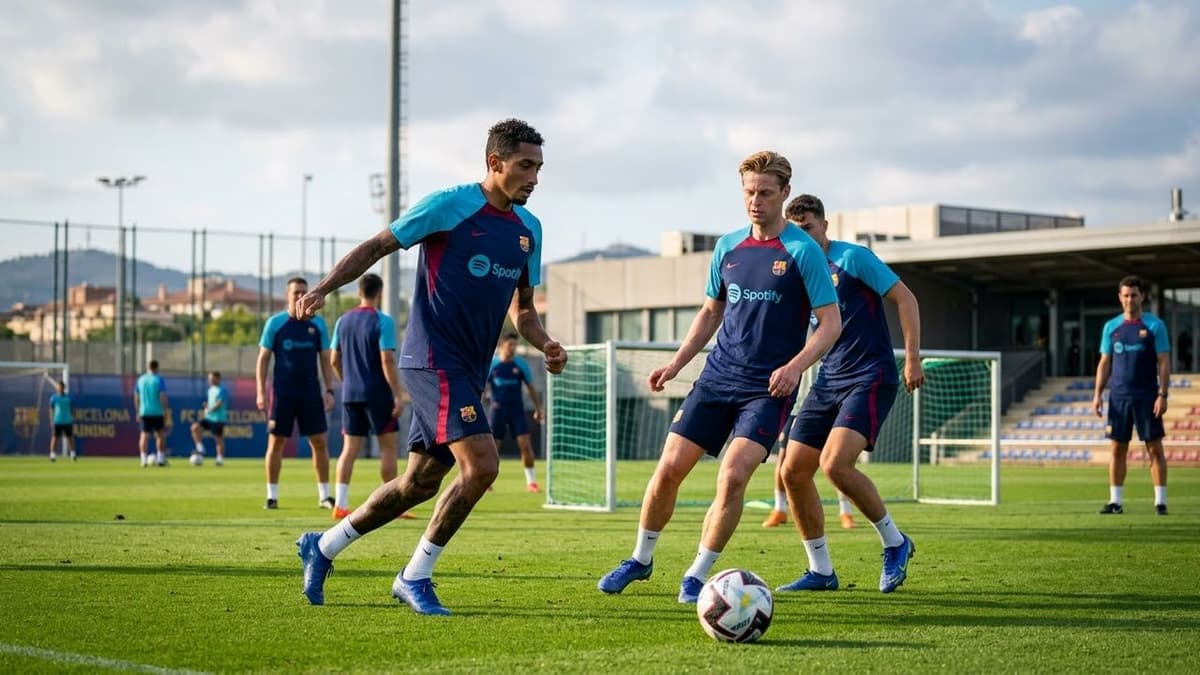 Raphinha y Frenkie de Jong durante un entrenamiento del Barcelona, antes del partido de LaLiga contra el Betis.