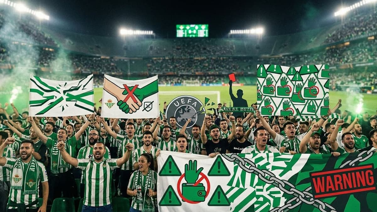 Aficionados del Betis en las gradas durante un partido europeo, en una imagen ilustrativa sobre la advertencia del club por posibles sanciones de la UEFA.