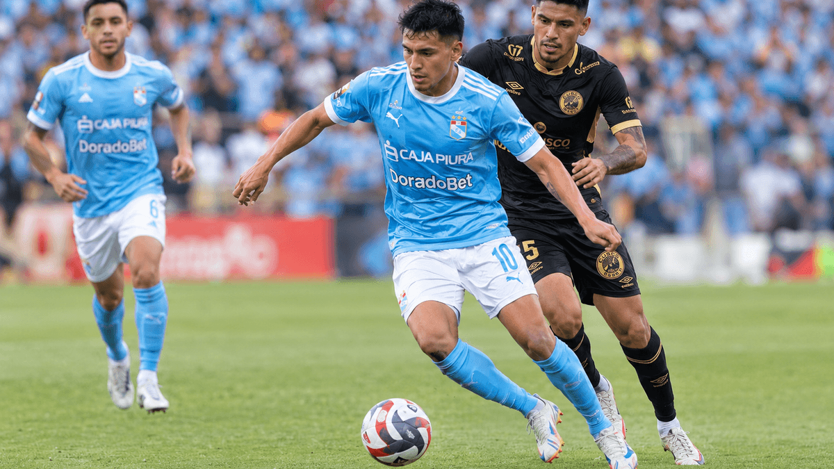 Futbolistas de Sporting Cristal disputan un partido de la Liga 1 peruana durante la lucha por el liderato del Torneo Clausura.