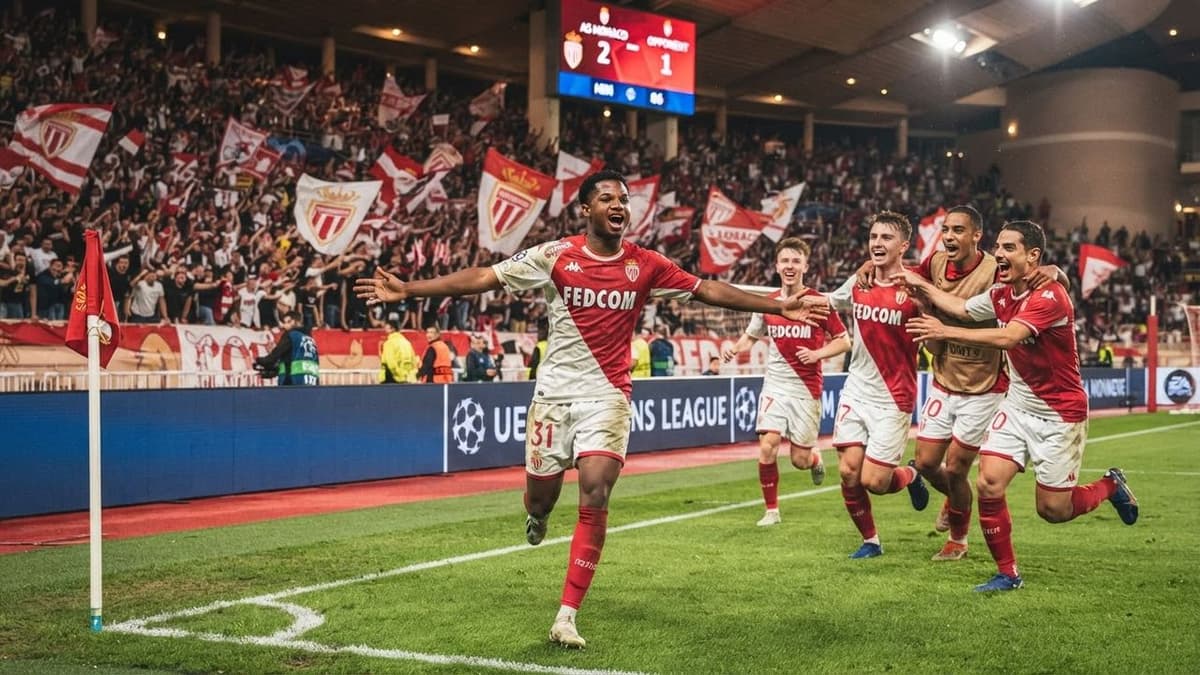 El español Ansu Fati celebra un gol con el Mónaco durante un partido de fútbol europeo.