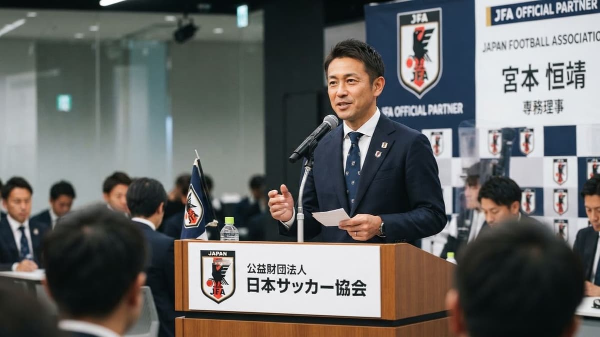El japonés Tsuneyasu Miyamoto durante un acto de la Asociación de Fútbol de Japón, en medio de las dudas sobre la Copa Asiática de 2027.