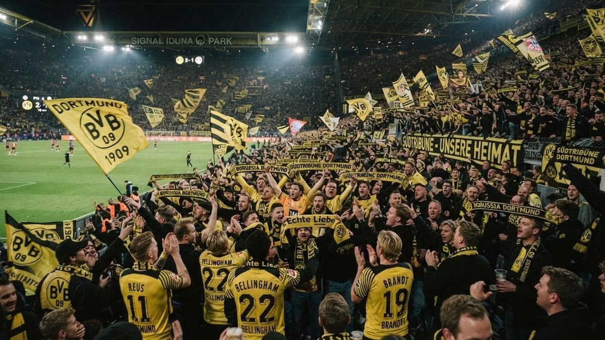 Aficionados del Borussia Dortmund en las gradas del Signal Iduna Park durante un partido de fútbol.
