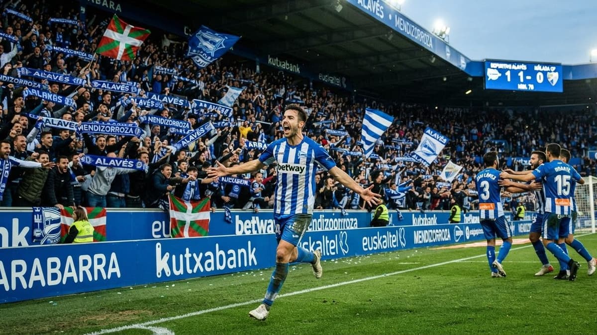 El español Aitor Mañas, del Alavés, celebra el gol del empate ante el Málaga en el estadio Mendizorroza.