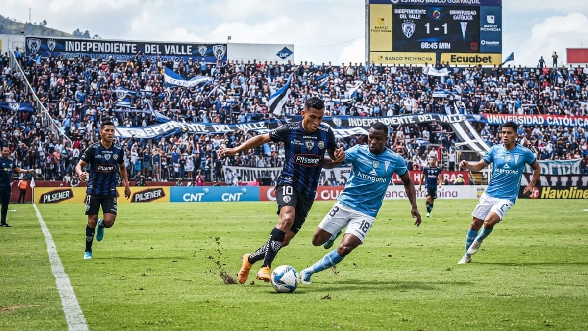 Jugadores de Independiente del Valle y Universidad Católica disputan el balón durante un partido del hexagonal final de la liga ecuatoriana.