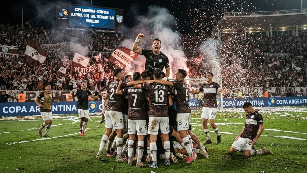 Jugadores de Platense celebran la clasificación a la final de la Copa Argentina tras eliminar a Atlético Tucumán en los penaltis.