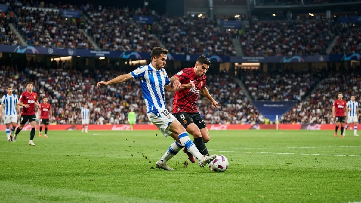 Futbolistas disputan el balón durante un partido de LaLiga EA Sports en un estadio de fútbol lleno de aficionados.