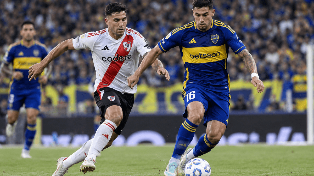 futbolistas de la Liga Profesional de Argentina disputando un partido en un estadio lleno.