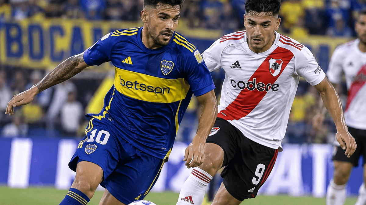 Superclásico argentino: jugadores de Boca Juniors y River Plate disputan el balón en un enfrentamiento entre los dos grandes del fútbol argentino.