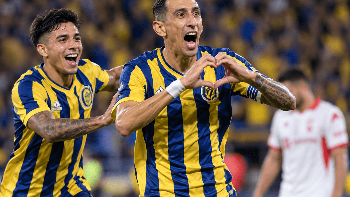 Imagen sugerida de Ángel Di María y Emanuel Coronel celebrando el triunfo de Rosario Central ante Huracán.