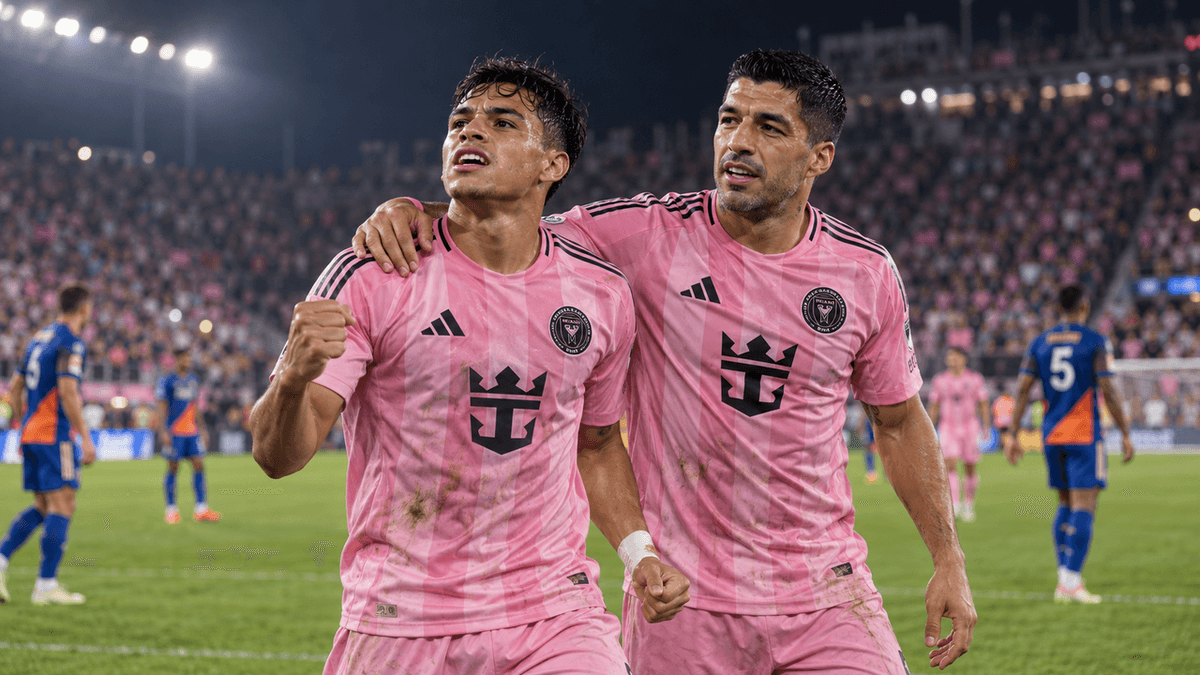 Ilustración del brasileño Riquelme Fillipi y el uruguayo Luis Suárez, goleadores de Inter Miami ante Cincinnati.