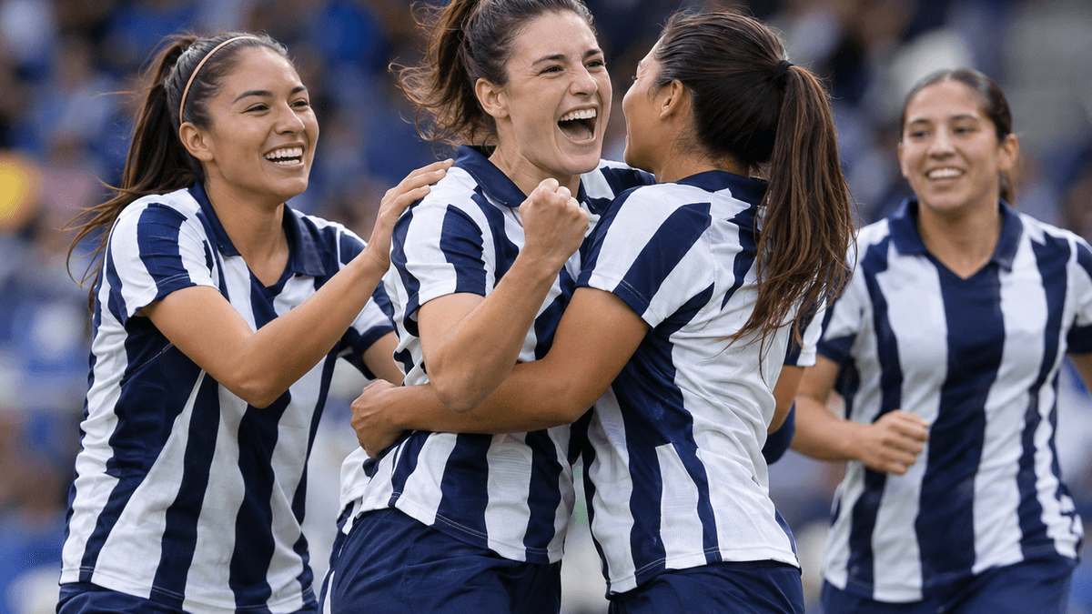 La española Lucía García celebra un gol con sus compañeras de Monterrey durante la goleada 6-0 ante Pumas UNAM.