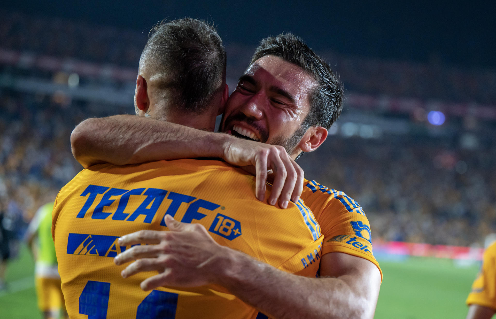 Nicolás López (i) de Tigres celebra hoy con su compañero Juan Vigón tras anotar contra el Toluca, durante un partido por los cuartos de final del torneo Clausura 2023, en el Estadio Universitario en Monterrey (México). EFE/Miguel Sierra