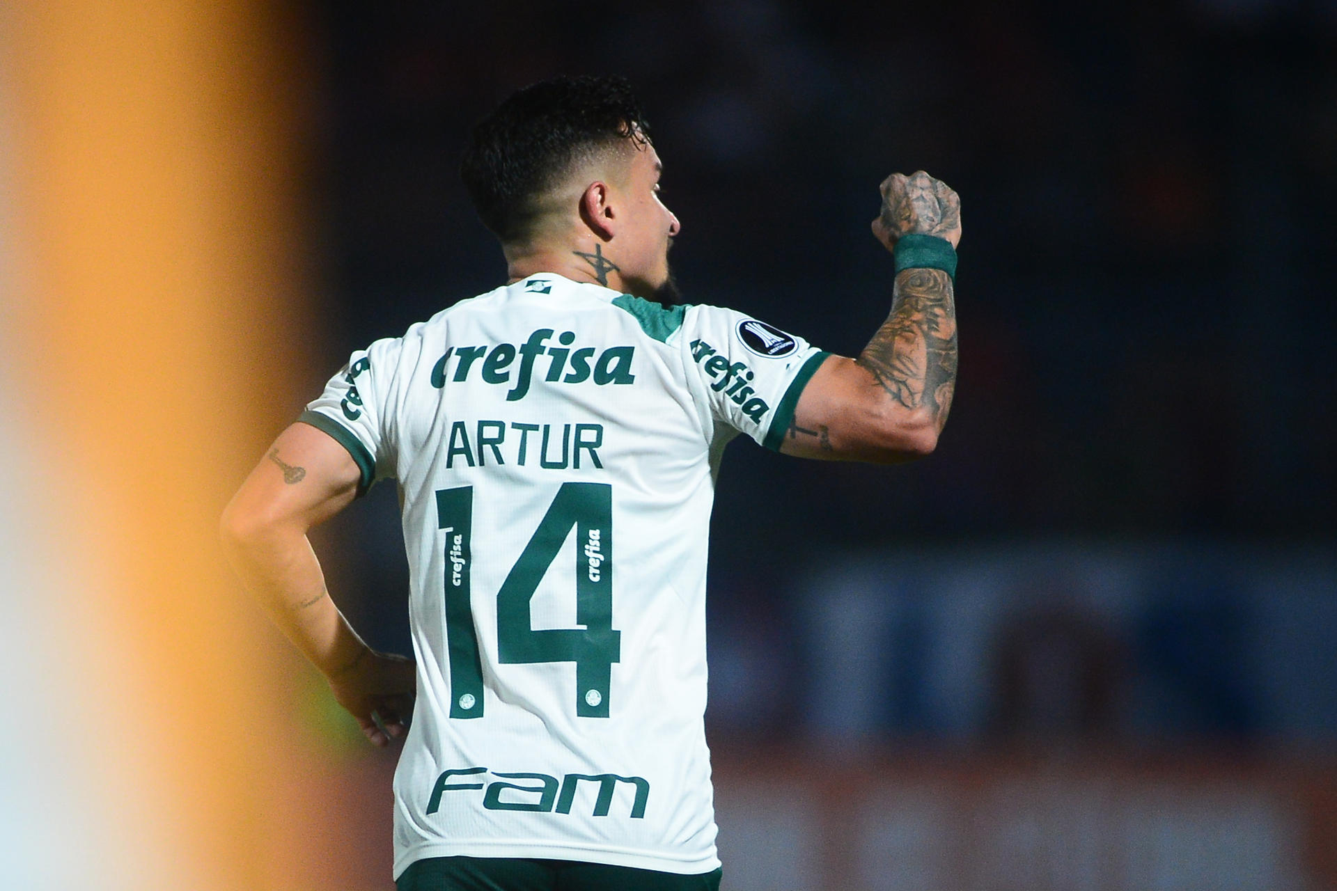 Artur (d), de Palmeiras de Brasil, fue registrado este miércoles, 24 de brasil, al celebrar un gol que le anotó al Cerro Porteño de Paraguay, durante un partido del grupo C de la Copa Libertadores, en el estadio General Pablo Rojas, en Asunción (Paraguay). EFE/Daniel Piris 