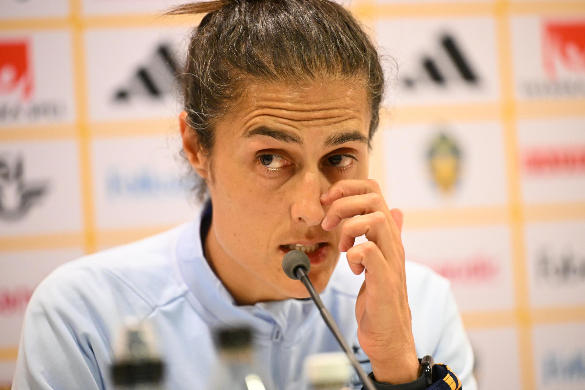 La seleccionadora española Montse Tomé, durante la rueda de prensa antes del entrenamiento en el estadio Gamla Ullevi de Gotemburgo.- EFE/ Juan Carlos Cárdenas 