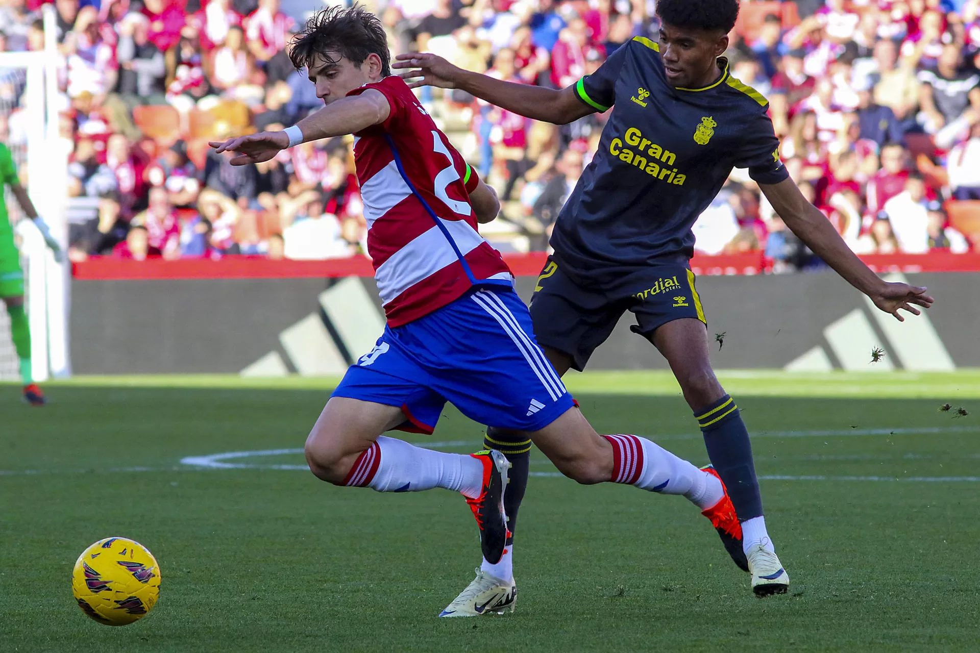 El centrocampista del Granada Gonzalo Villar (i) pelea un balón con el defensa de la UD Las Palmas, Marvin Olawale durante el partido de LaLiga entre el Granada y la UD Las Palmas, este sábado en el Nuevo Estadio Los Cármenes. EFE/Pepe Torres.