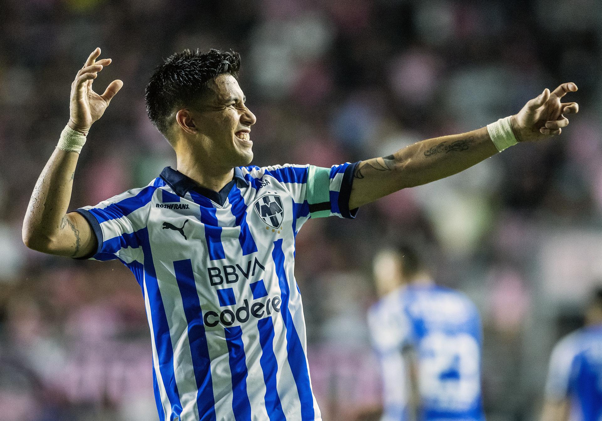 Maximiliano Meza, centrocampista de Monterrey de México, fue registrado el pasado 3 de abril al celebrar un gol que le anotó al Inter Miami de Estados Unidos, durante el partido de ida de esta llave de cuartos de final de la Liga de Campeones de la Concacaf, en el estadio Chase Stadium de Fort Lauderdale (Florida, EE.UU.). EFE/Cristóbal Herrera 