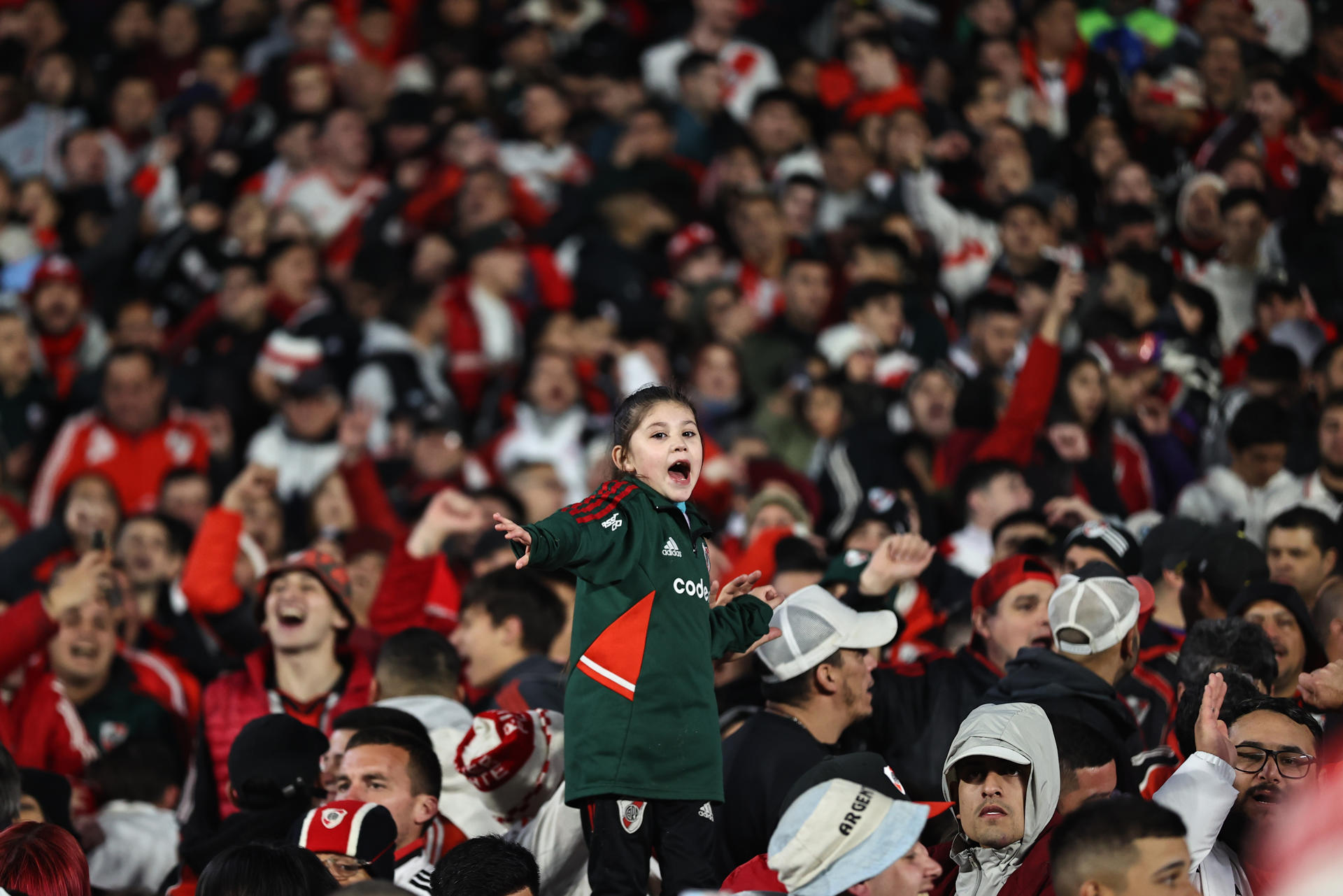 Hinchas de River Plate fueron registrados este martes, 14 de mayo, al celebrar la victoria de su equipo 2-0 sobre Libertad de Paraguay, al final de un partido del grupo H de la Copa Libertadores, en el estadio Monumental de Buenos Aires (Argentina). EFE/Juan Ignacio Roncoroni 