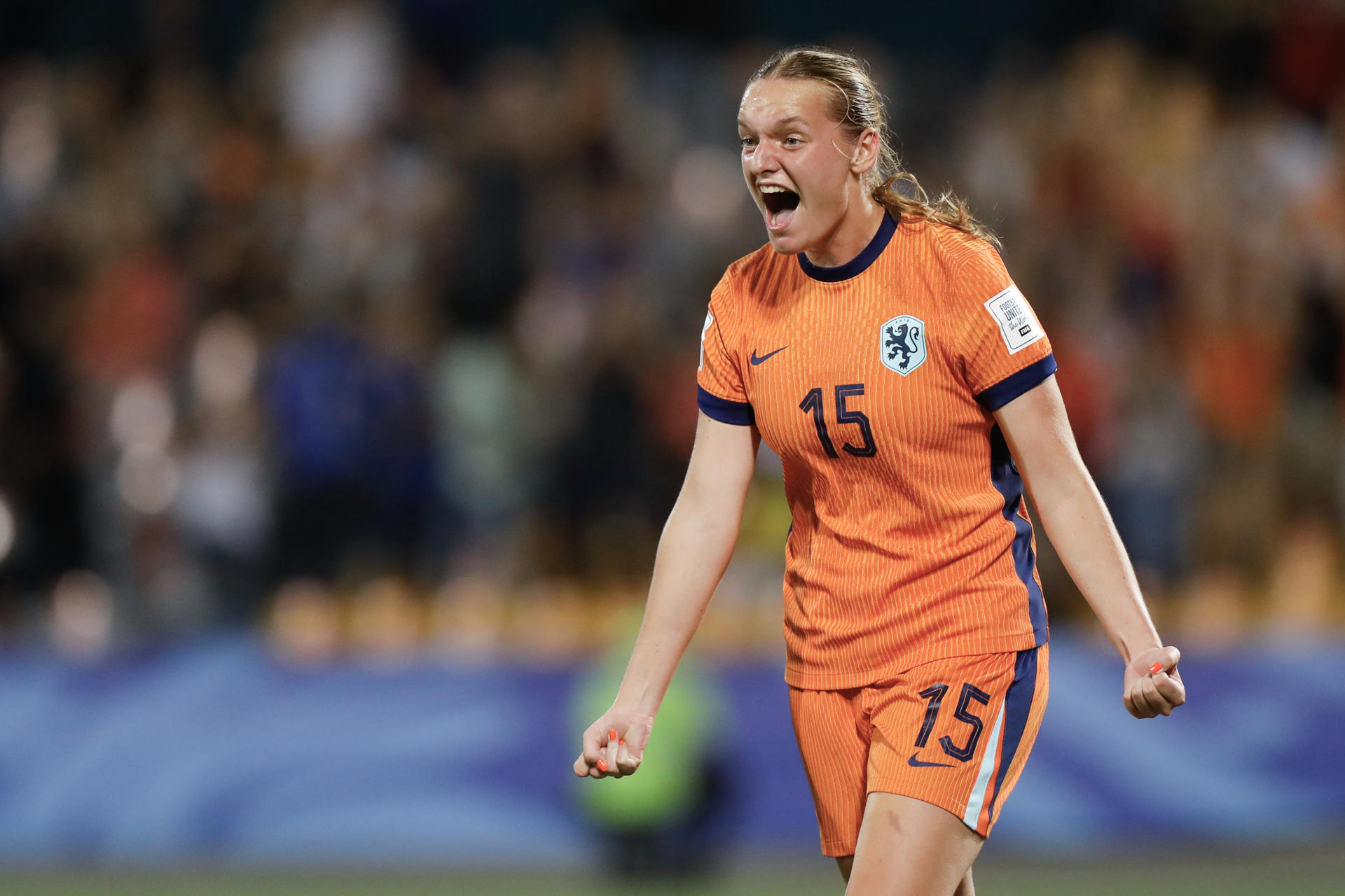 Jet van Beijeren de Países Bajos celebra un gol en un partido de los octavos de final de la Copa Mundial Femenina sub-20. EFE/ Luis Eduardo Noriega Arboleda