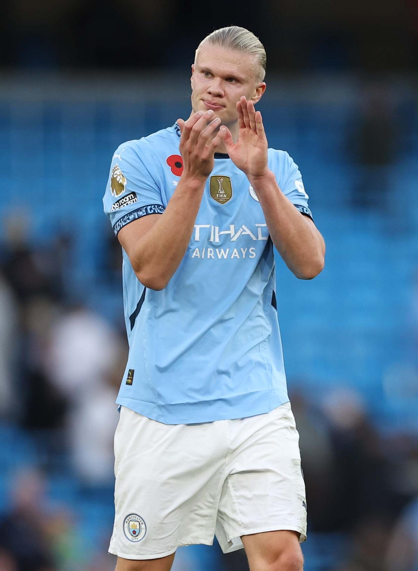 El delantero del City Erling Haaland reaciona tras marcar el gol del triunfo durante el partido que han jugado Manchester City y Southampton FC, en Mánchester,Reino Unido. EFE/EPA/ADAM VAUGHAN 