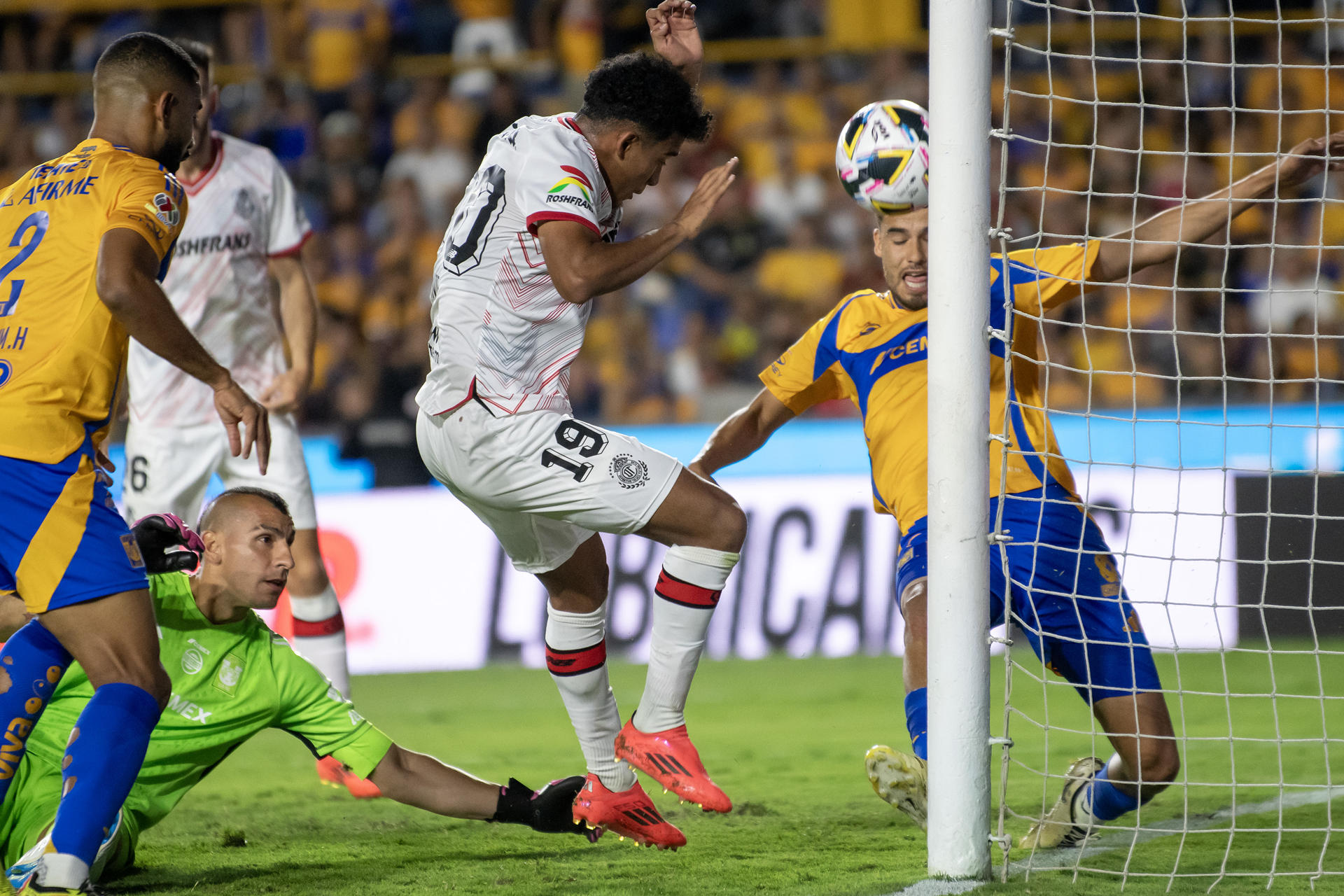 Diego Reyes (d) de Tigres disputa un balón con Isaías Violante (c) este miércoles, durante un partido de la jornada 16 del Torneo Apertura 2024 entre Tigres y Toluca en el estadio Universitario de Monterrey (México). EFE/Miguel Sierra. 