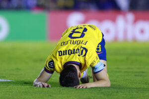 Alvaro Fidalgo del América reacciona este martes, en un juego de ida por los cuartos de final de la CONCACAF Champions Cup 2025 en el estadio Ciudad de los Deportes en la Ciudad de México (México). EFE/ Sáshenka Gutiérrez