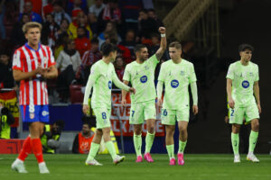 El delantero del FC Barcelona, Ferrán Torres celebra su gol durante el encuentro correspondiente a la vuelta de las semifinales de la Copa del Rey que Atlético de Madrid y FC Barcelona disputaron en el estadio Metropolitano. EFE/Juanjo Martín