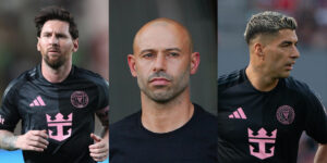 Combo de fotografías de archivo donde aparecen el futbolista Lionel Messi (i), el entrenador Javier Mascherano (c) y el futbolista Luis Suárez. EFE/ Paolo Aguilar / Eliecer Aizprua