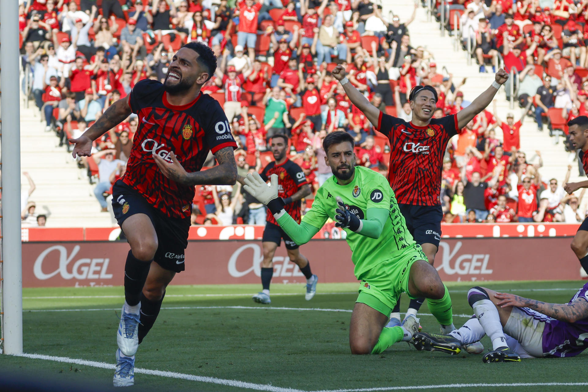 -El centrocampista del Mallorca Omar Mascarell celebra su gol contra el Valladolid, durante el partido de la jornada 35 de LaLiga EA Sports entre el Mallorca y el Valladold, este sábado en el Estadi Mallorca Son Moix en Palma.-EFE/ Cati Cladera