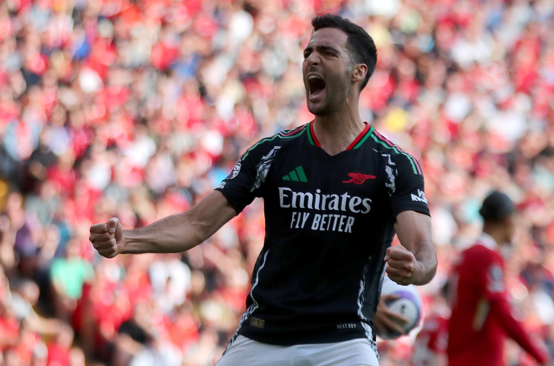 EL jugador del Arsenal Mikel Merino celebra un gol durante el partido de la Premier League que han jugado Liverpool FC y Arsenal FC, en Liverpool, Reino Unido. EFE/EPA/ASH ALLEN