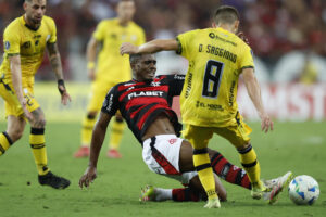 Evertton Araújo (abajo) de Flamengo disputa un balón con Daniel Saggiomo de Deportivo Táchira. EFE/Andre Coelho