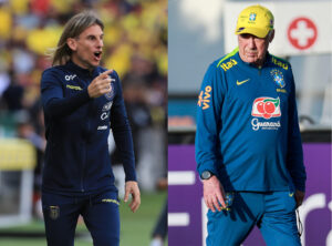 Los seleccionadores Sebastian Beccacece (i) de Ecuador, y Carlo Ancelotti, de Brasil, tienen este jueves en Guayaquil una cita muy especial en la decimoquinta jornada de las eliminatorias sudamericanas del Mundial de 2026. EFE/ARCHIVO