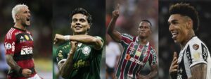 Combo de fotografías que muestra de izquierda a derecha a los jugadores Giorgian De Arrascaeta del Flamengo, Richard Ríos de Palmeiras, Jhon Arias de Fluminense e Igor Jesus de Botafogo. EFE/Andre Coelho/Antonio Lacerda/Isaac Fontana/ARCHIVO